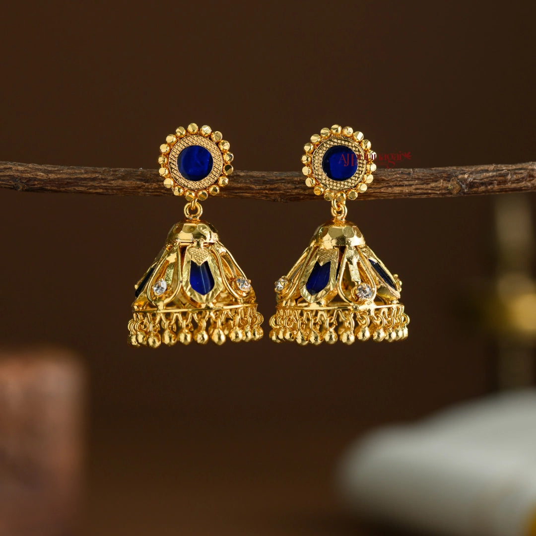 Gold Finish Nagapadam Kerala Style Jhumka - Blue