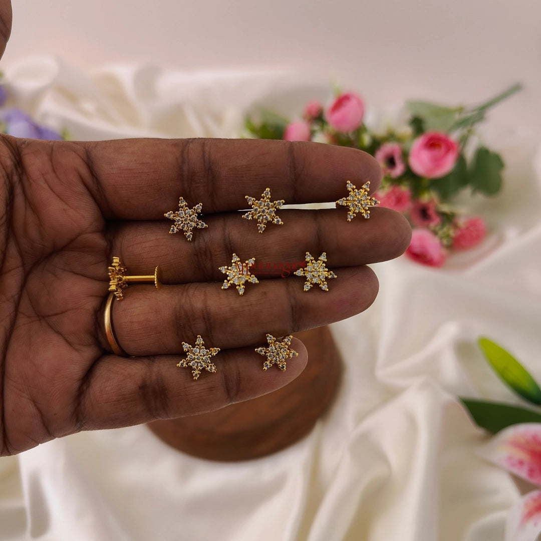 2 in 1 Snow Flake Shaped AD Stone Nose Pin / Second Stud