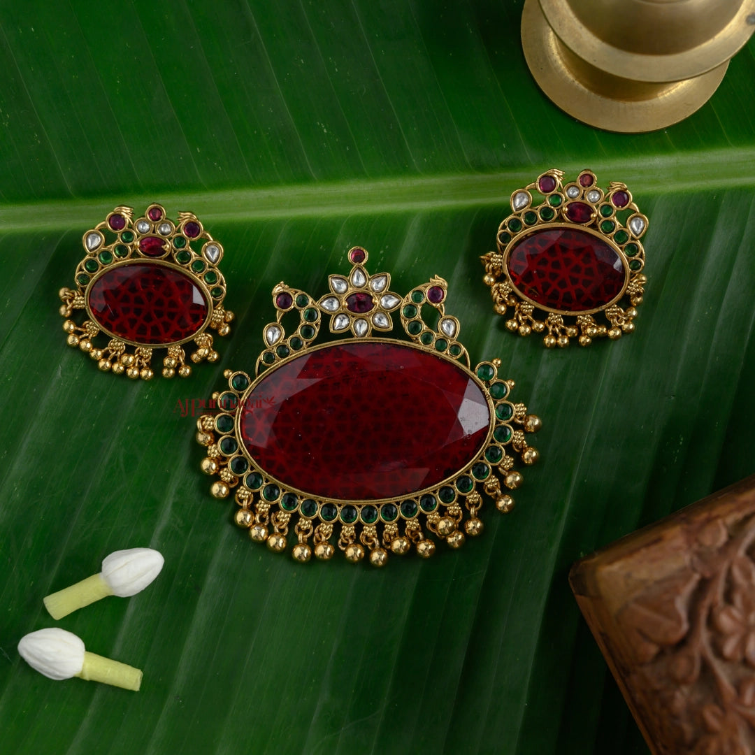 Royal Look Peacock Pendant - Maroon With Green