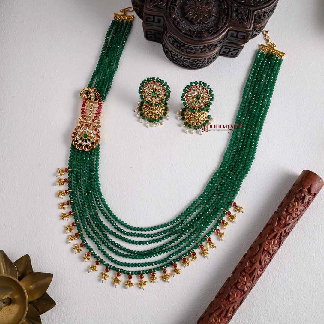 Royal Look Multi Layered Beaded Haram - Dark Green