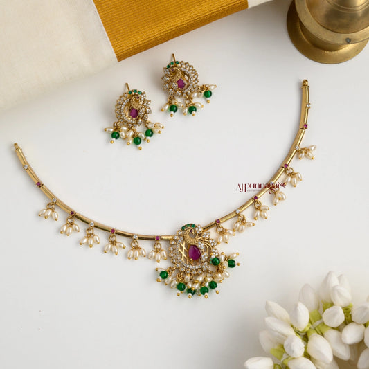 Splendid Peacock Necklace with Rice Pearl