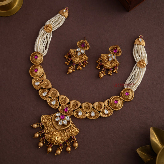 Stunning Kundan With White Bead Necklace - Ruby