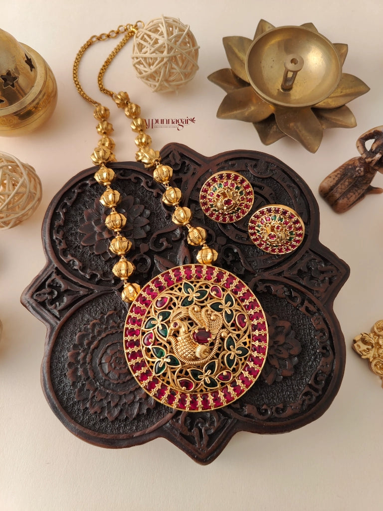 Royal Look Peacock design Beaded Haram - Ruby