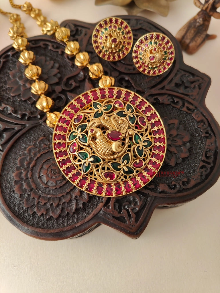 Royal Look Peacock design Beaded Haram - Ruby