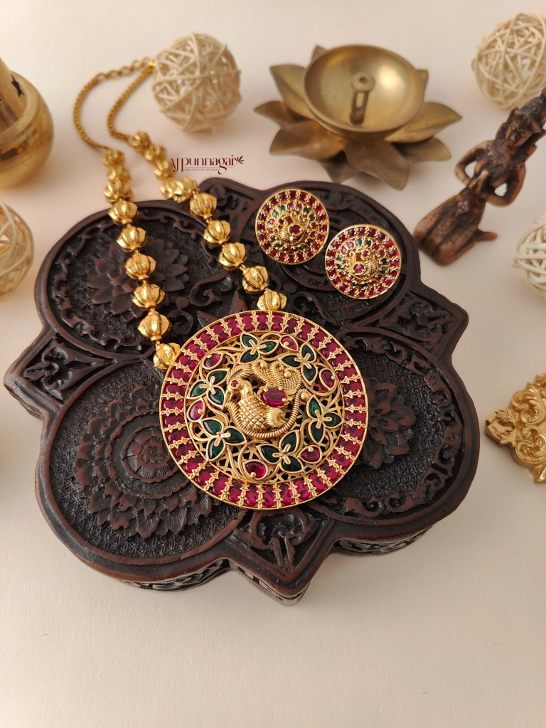 Royal Look Peacock design Beaded Haram - Ruby