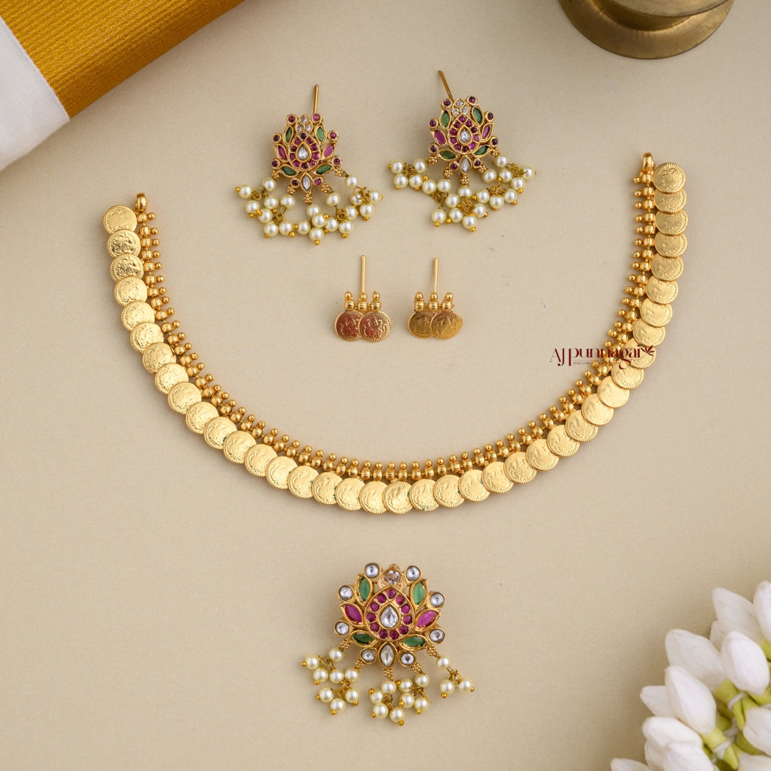 2 in 1 Interchangeable Lotus Pendant With Lakshmi Coin Necklace