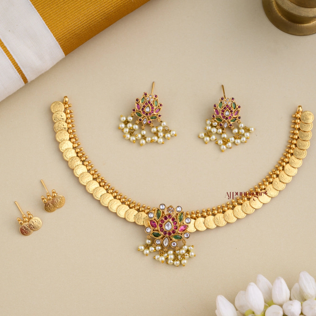 2 in 1 Interchangeable Lotus Pendant With Lakshmi Coin Necklace