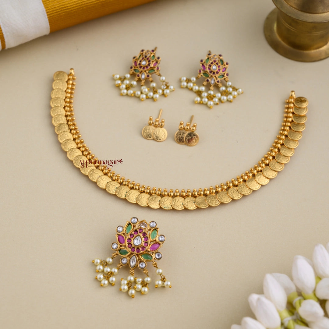 2 in 1 Interchangeable Lotus Pendant With Lakshmi Coin Necklace