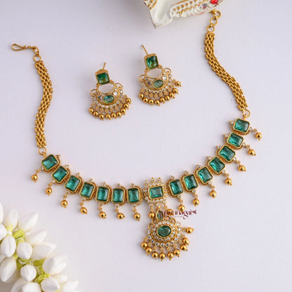 Bold AD Stone Necklace - Peacock Green