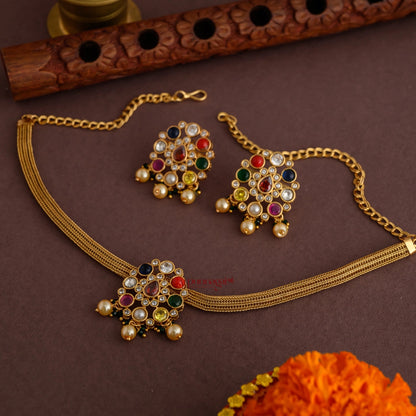 Traditional Style Navaratna Matt Necklace
