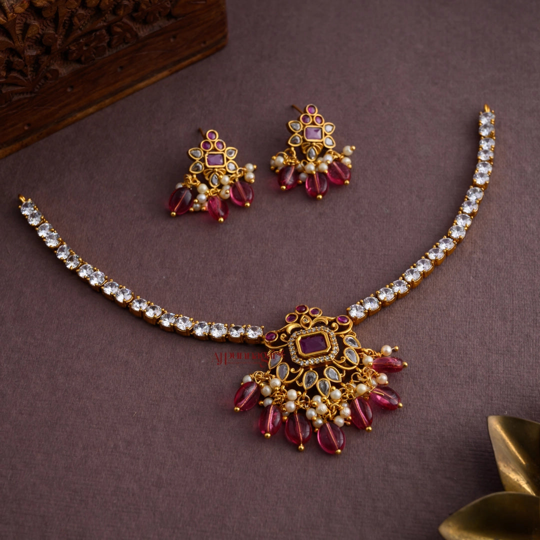 AD Stone Necklace with Pink Beads
