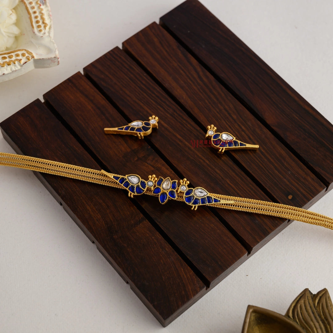 Lotus With Bird Kundan Jadau Necklace - Blue