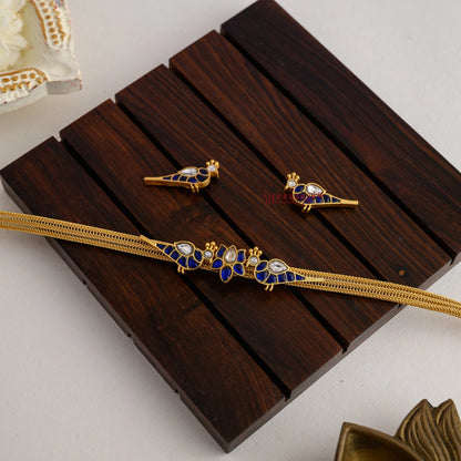 Lotus With Bird Kundan Jadau Necklace - Blue