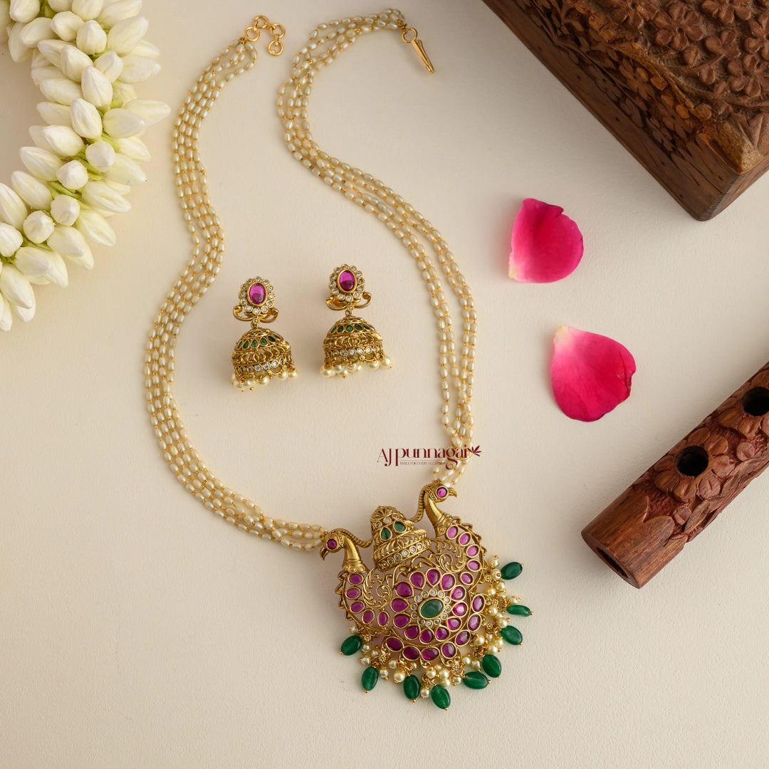 Royal Look Peacock With Rice Pearl Haram - Ruby