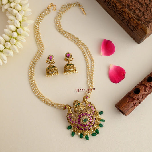Royal Look Peacock With Rice Pearl Haram - Ruby