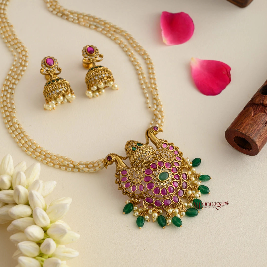Royal Look Peacock With Rice Pearl Haram - Ruby