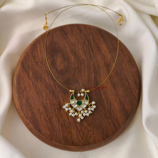 Minimalist Invisible Kundan Jadau Necklace - Green With White