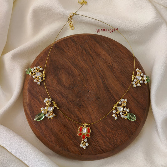 Jadau Minimalist Lotus Green Drops Necklace - Coral With White