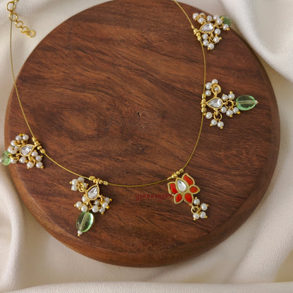 Jadau Minimalist Lotus Green Drops Necklace - Coral With White