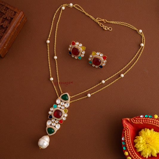 Double Layered Navaratna with Shell Pearl Chain