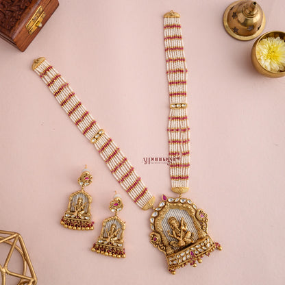 Gold Look Alike Ganesha White Beaded Bridal Haram