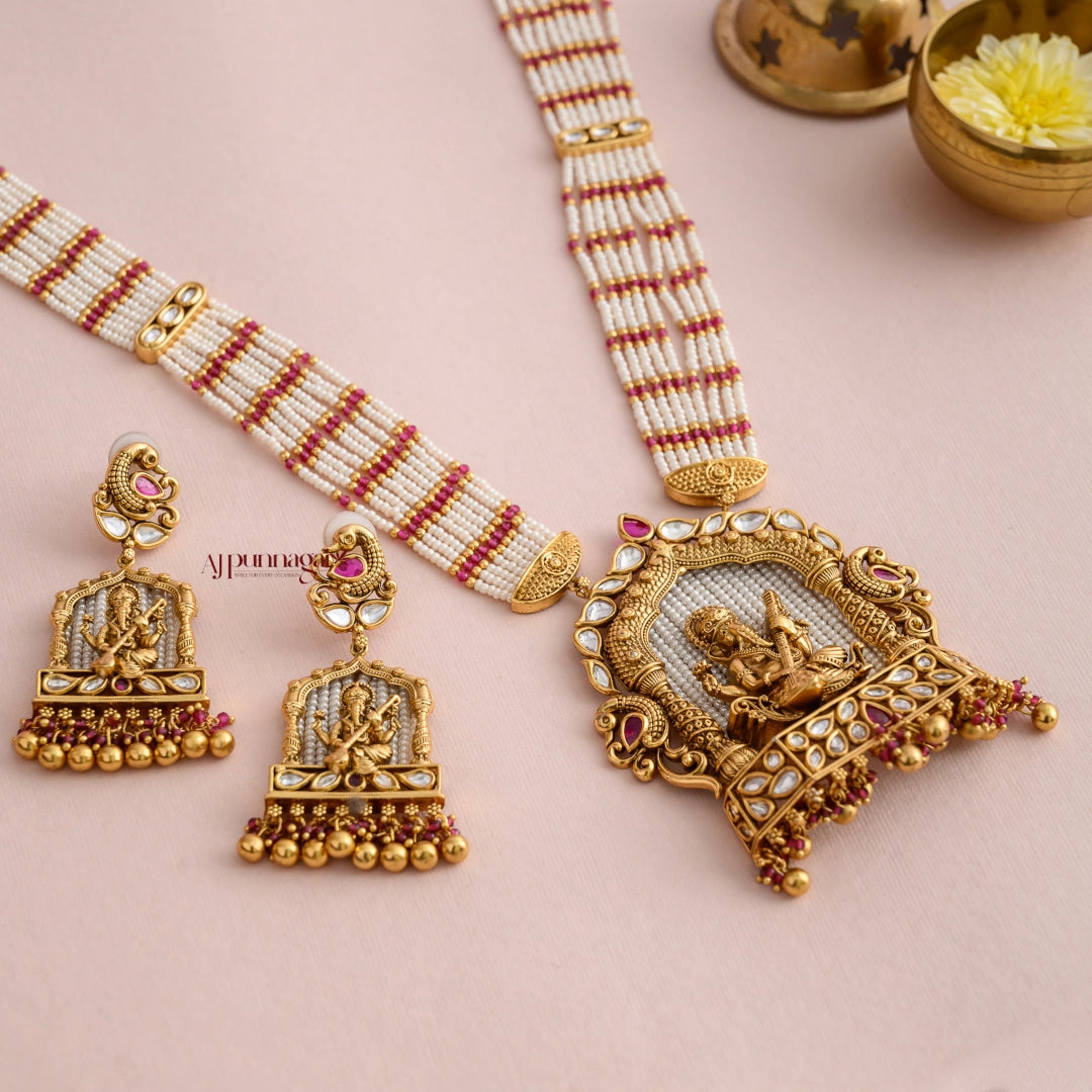 Gold Look Alike Ganesha White Beaded Bridal Haram