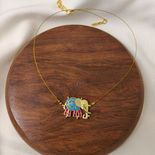 Jadau Elephant Invisible Necklace, Right - Turquoise with Pink