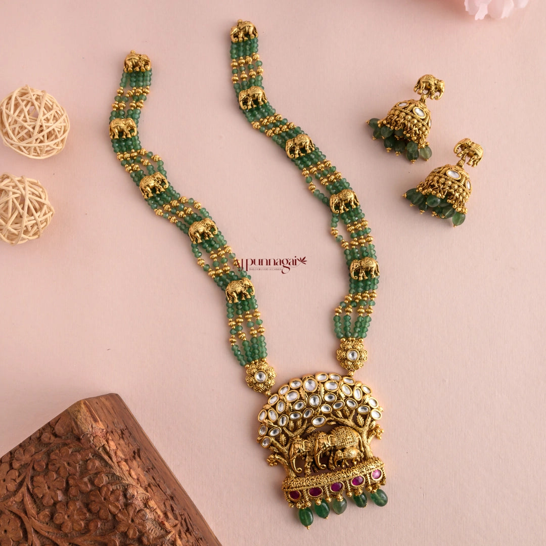 Gold Look Alike Elephant Bridal Green Beaded Haram