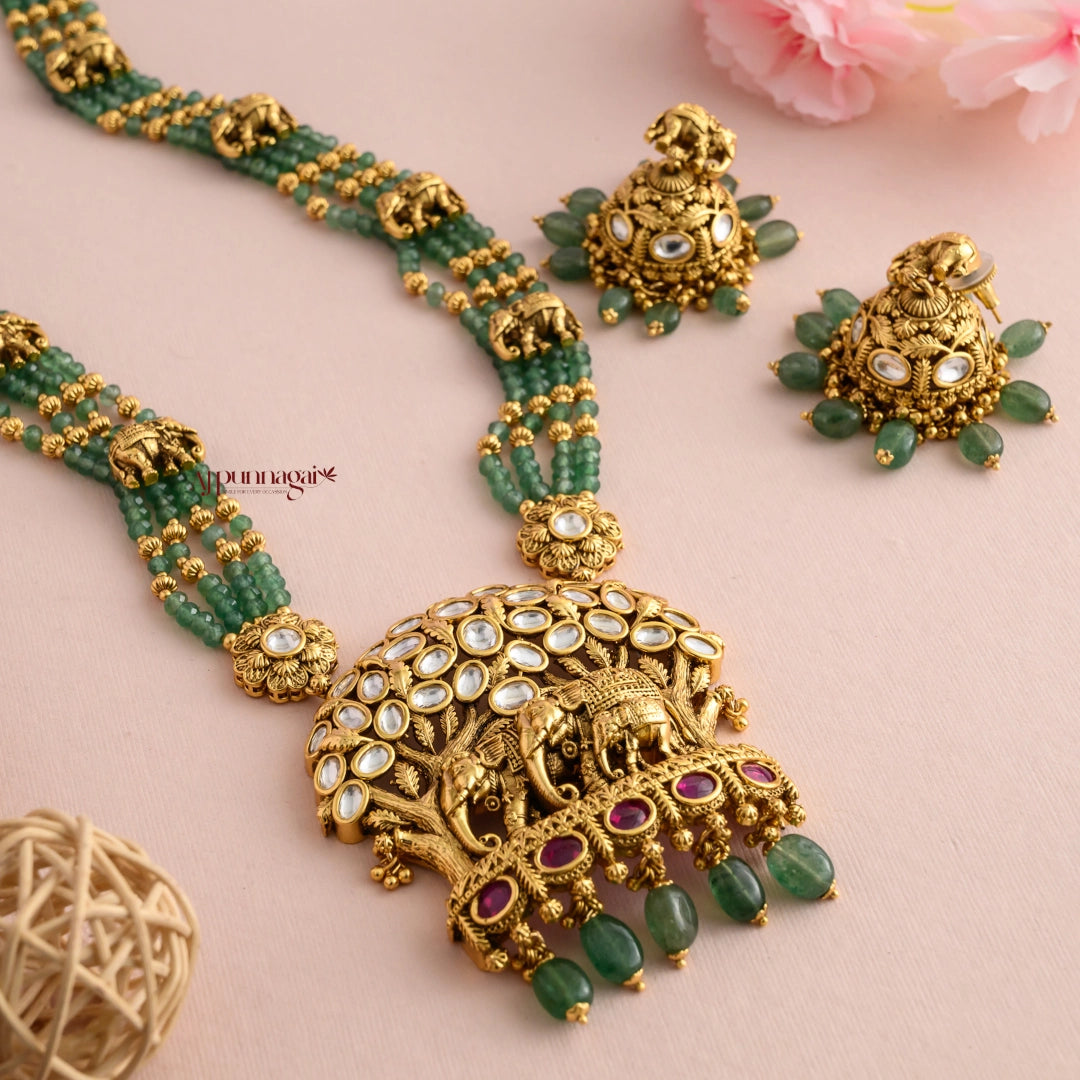 Gold Look Alike Elephant Bridal Green Beaded Haram