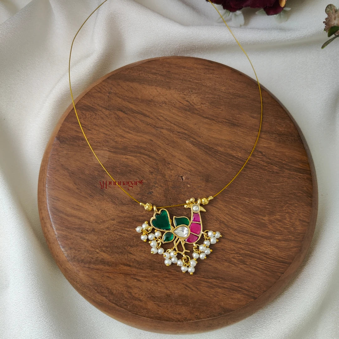 Beautiful Peacock Kundan Jadau Invisible Necklace - Pink with Green