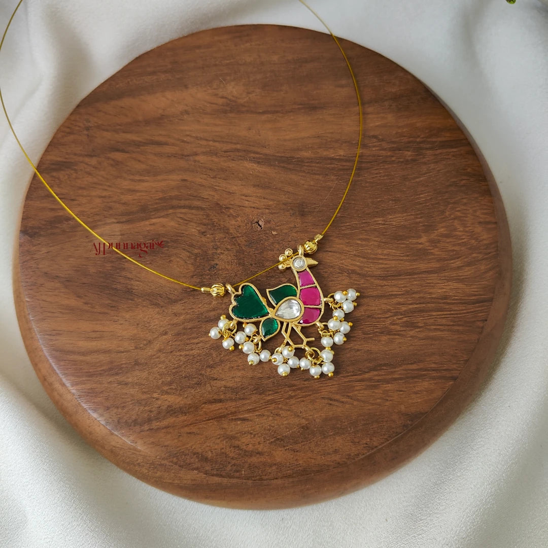 Beautiful Peacock Kundan Jadau Invisible Necklace - Pink with Green