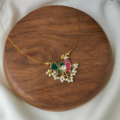 Beautiful Peacock Kundan Jadau Invisible Necklace - Pink with Green