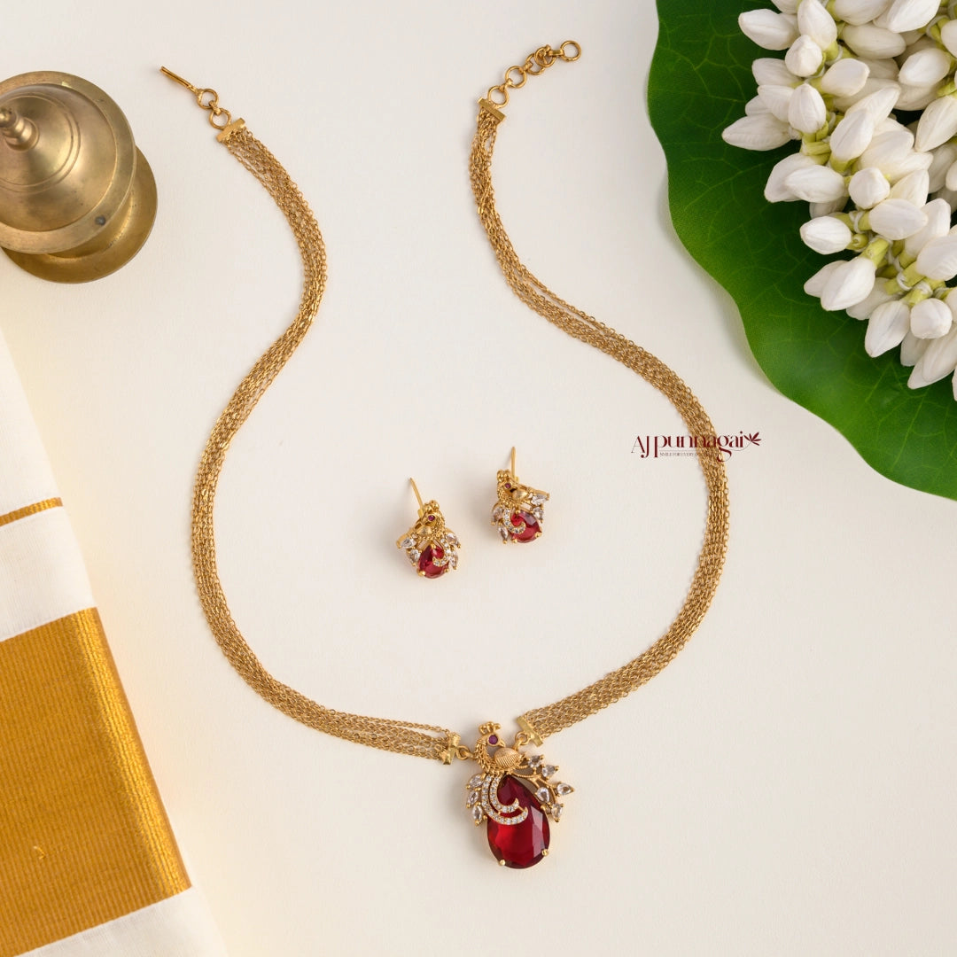 Sparkling AD Peacock Pendant Chain - Red