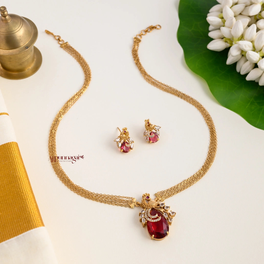 Sparkling AD Peacock Pendant Chain - Red