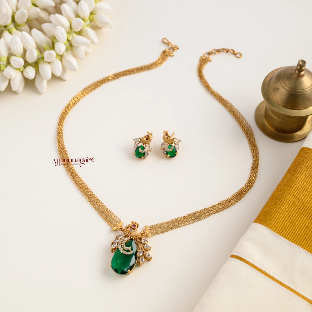 Sparkling AD Peacock Pendant Chain - Green