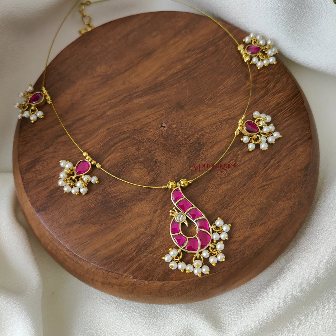 Peacock Kundan Jadau Invisible Necklace - Pink