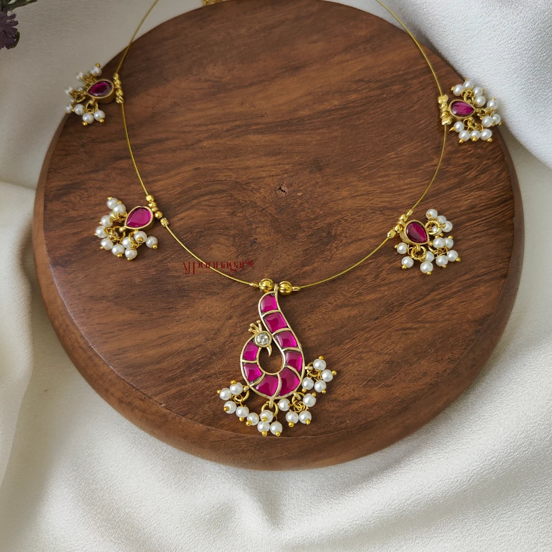 Peacock Kundan Jadau Invisible Necklace - Pink