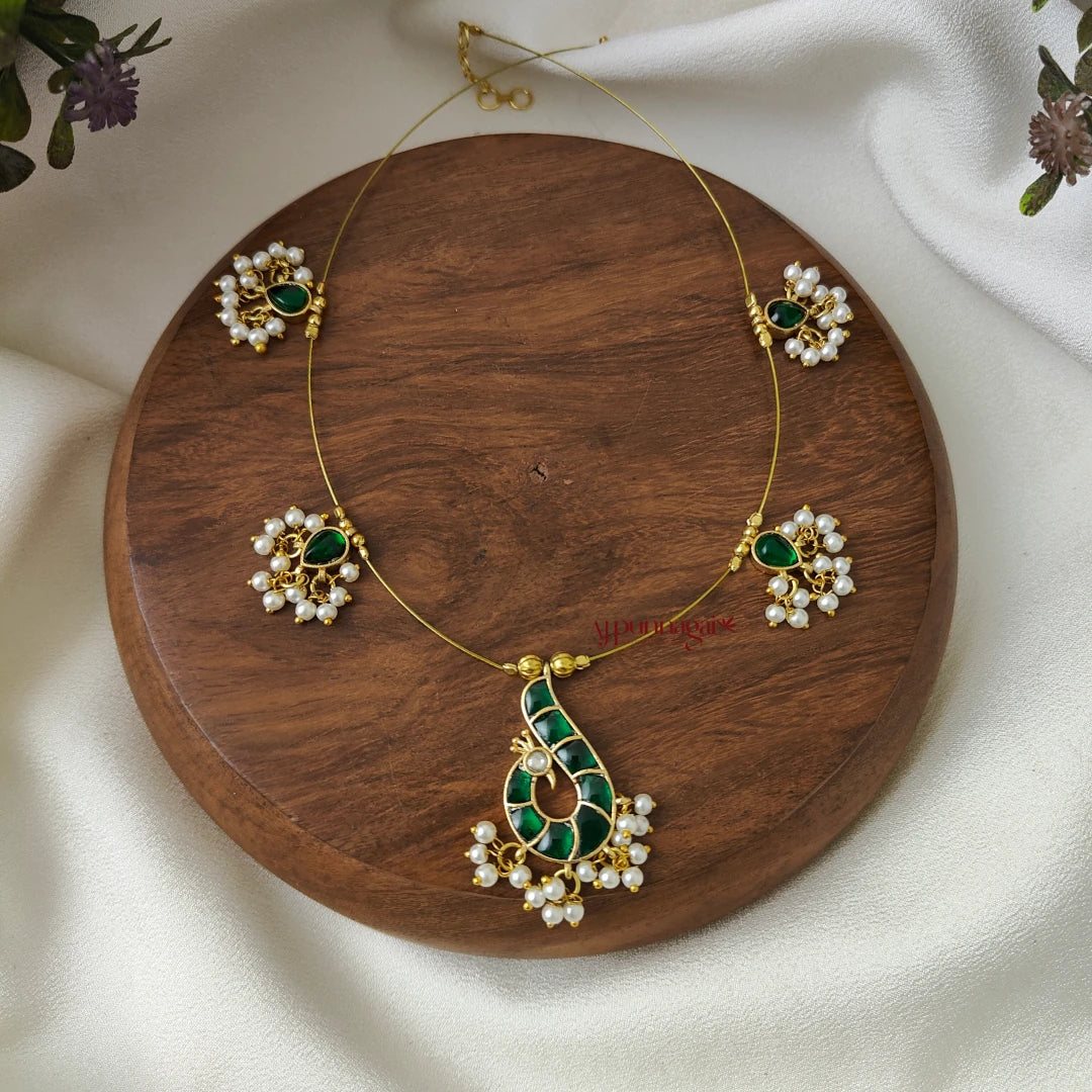 Peacock Kundan Jadau Invisible Necklace - Green