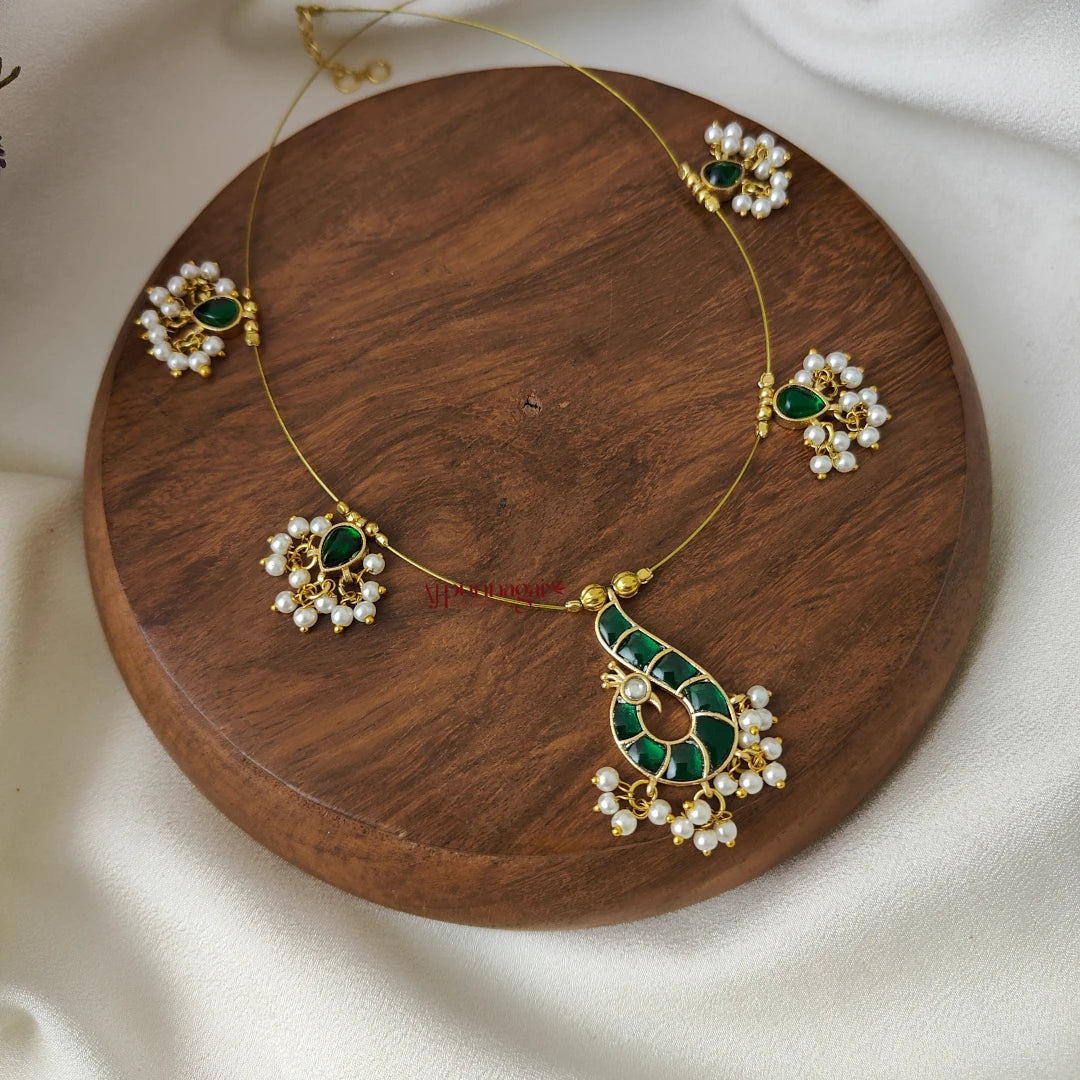 Peacock Kundan Jadau Invisible Necklace - Green