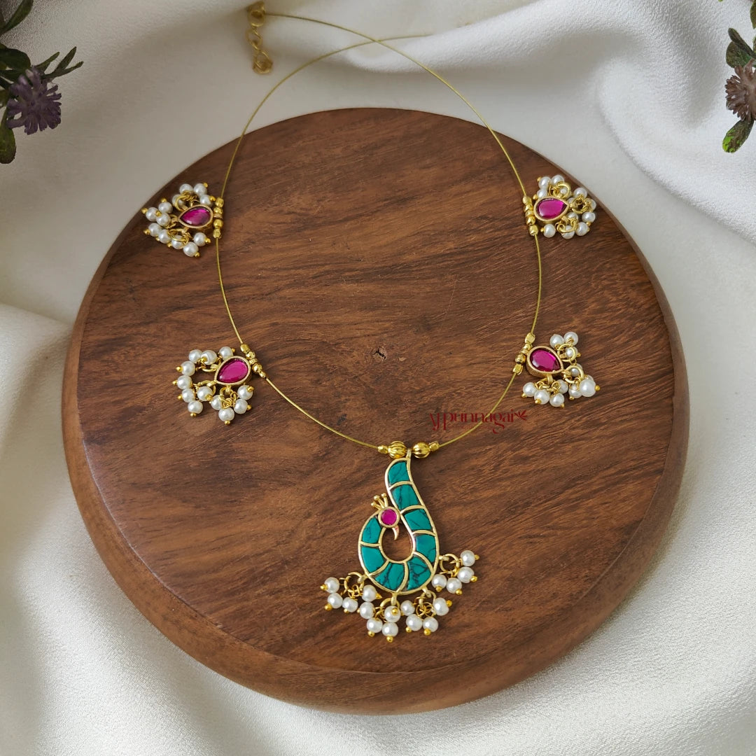 Peacock Kundan Jadau Invisible Necklace - Turquoise with Pink