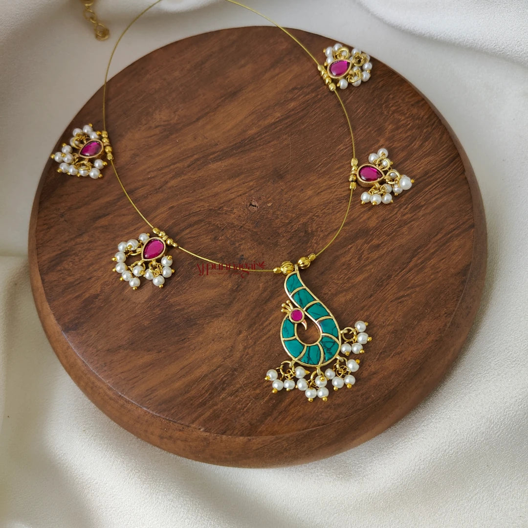 Peacock Kundan Jadau Invisible Necklace - Turquoise with Pink