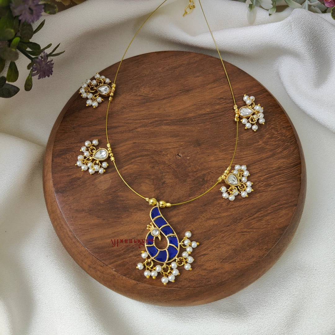 Peacock Kundan Jadau Invisible Necklace - Blue