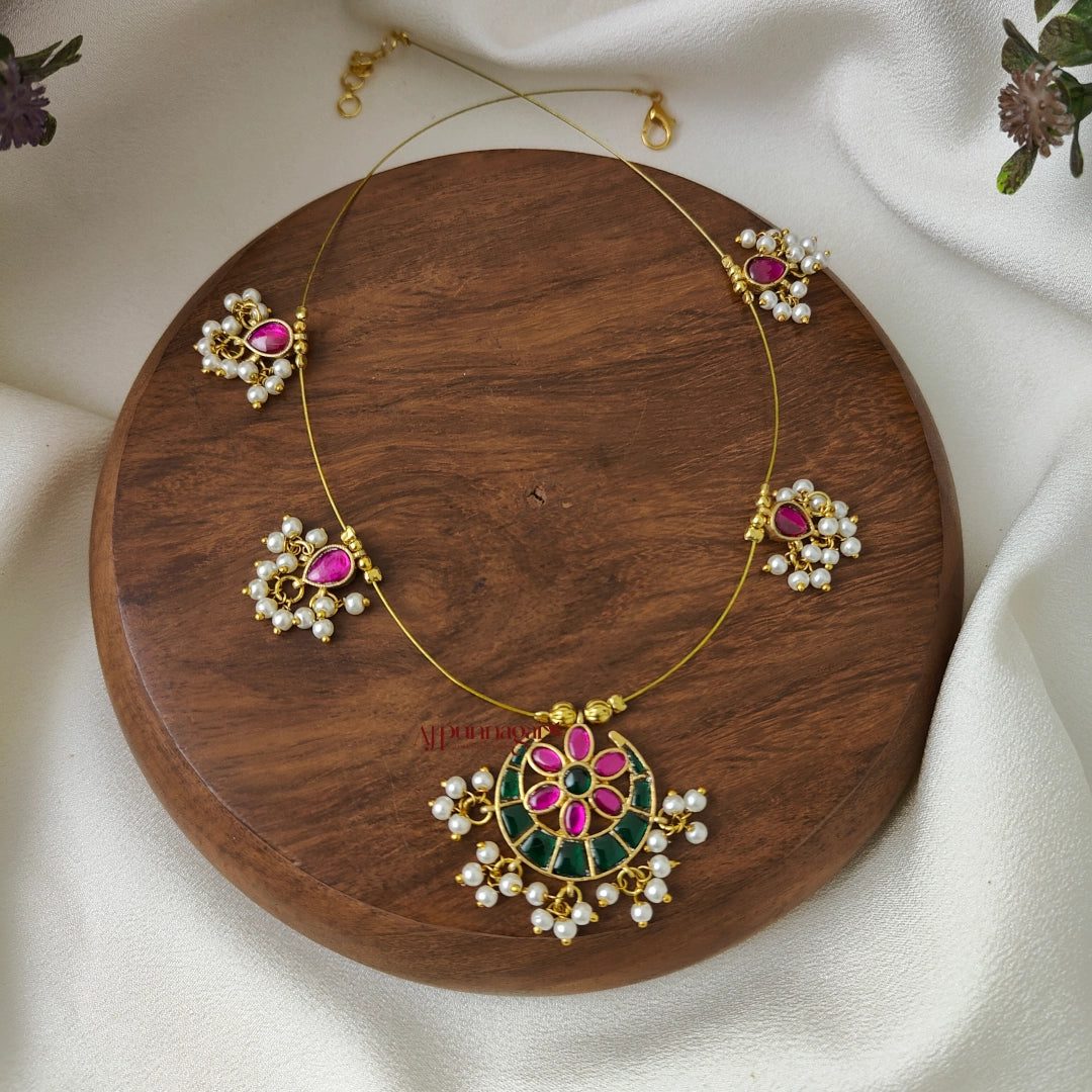 Moon Shaped Kundan Jadau Invisible Necklace - Green With Pink