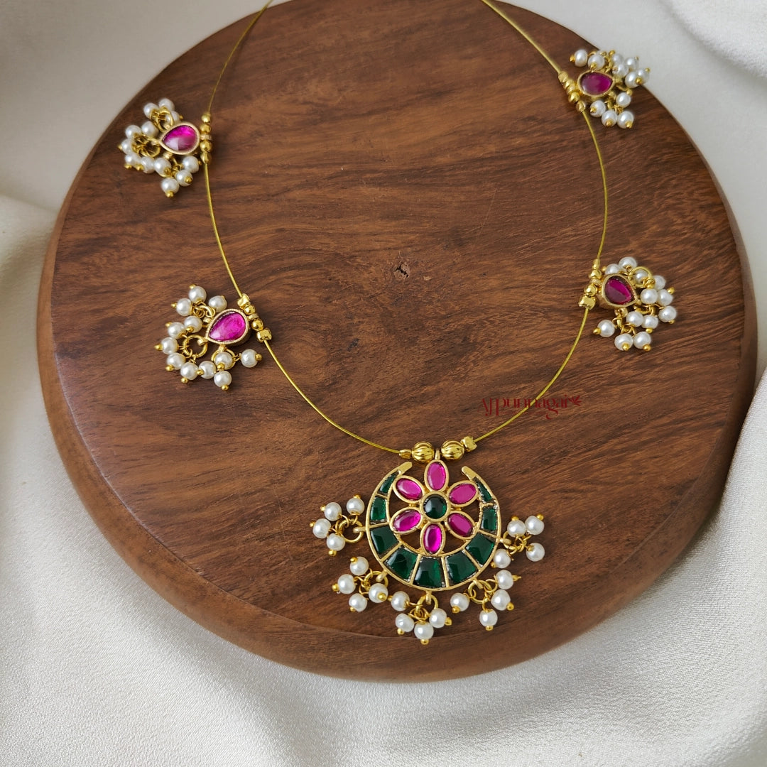 Moon Shaped Kundan Jadau Invisible Necklace - Green With Pink