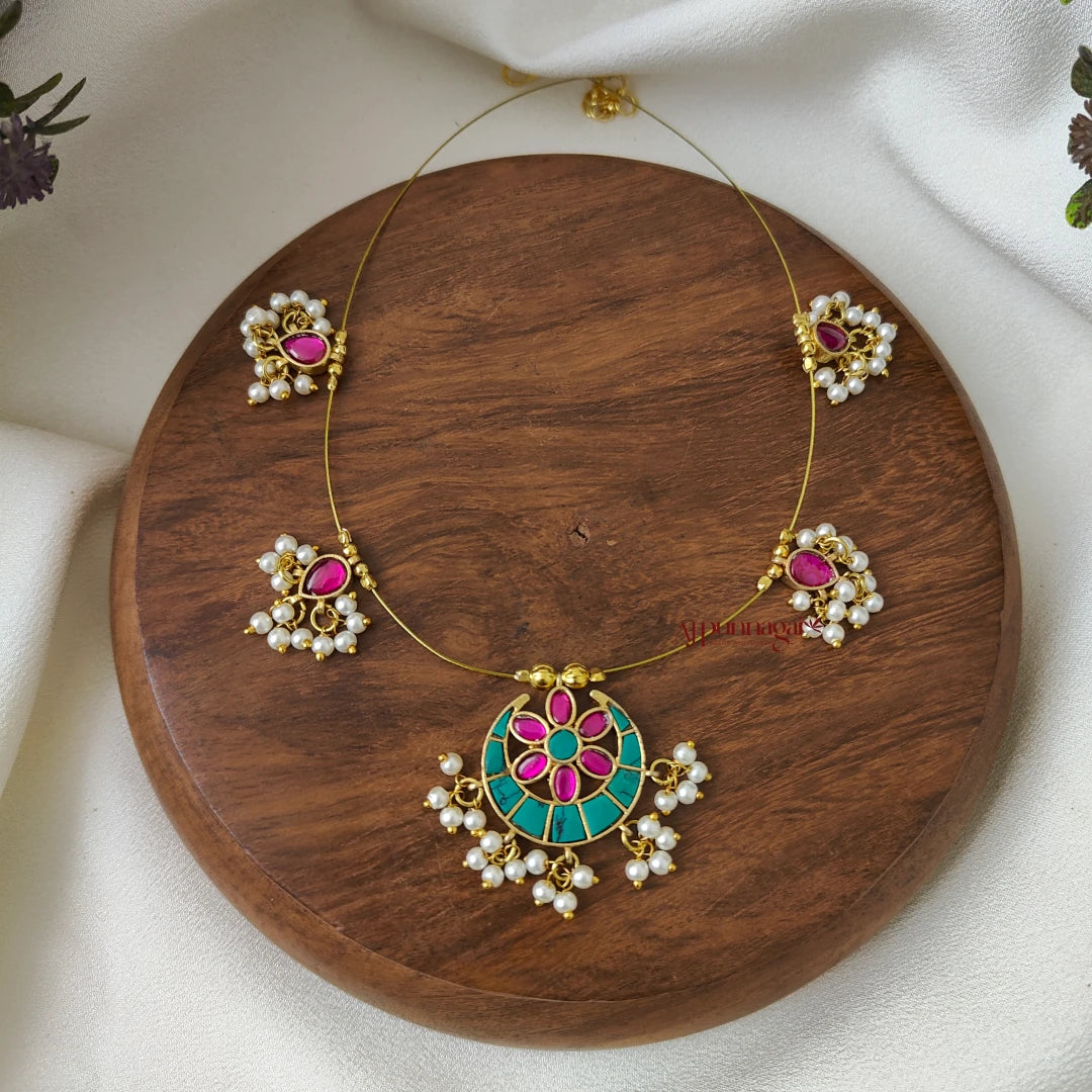 Moon Shaped Kundan Jadau Invisible Necklace - Turquoise With Pink