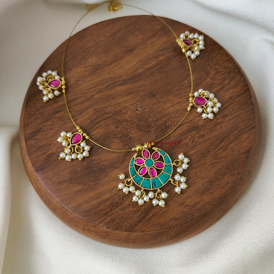 Moon Shaped Kundan Jadau Invisible Necklace - Turquoise With Pink