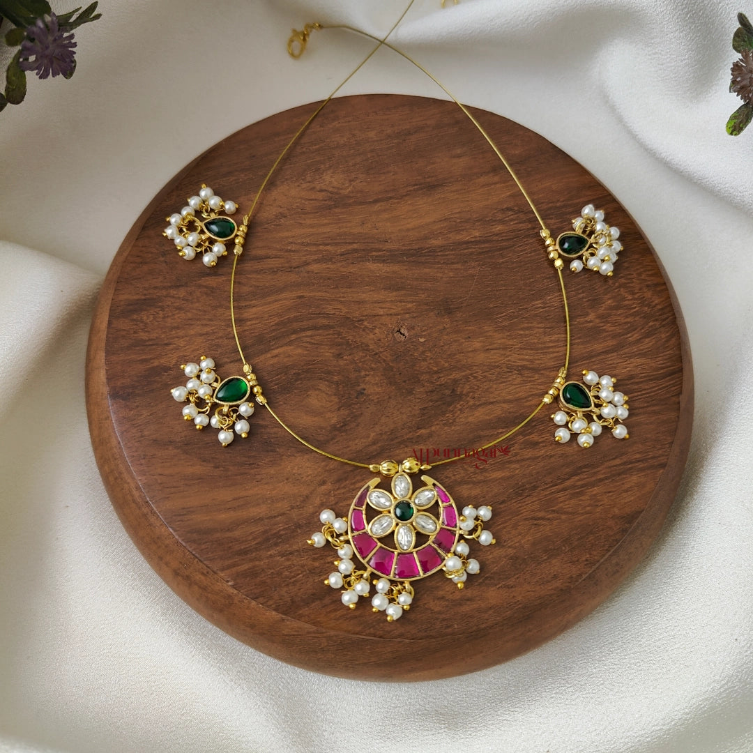 Moon Shaped Kundan Jadau Invisible Necklace - Multi