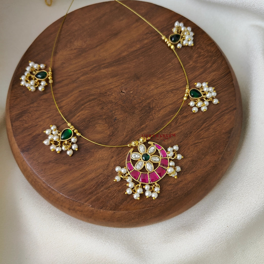 Moon Shaped Kundan Jadau Invisible Necklace - Multi