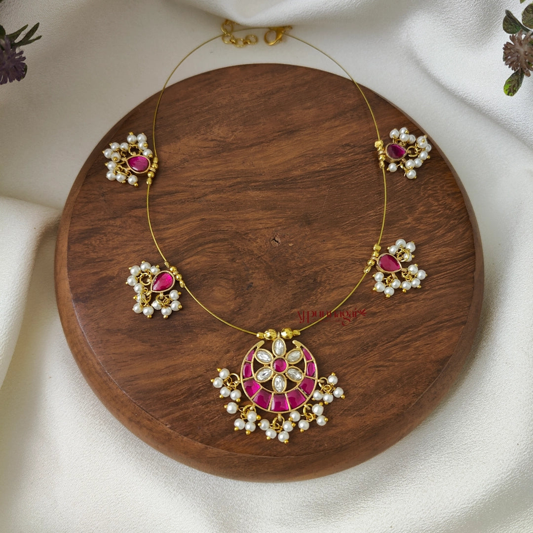 Moon Shaped Kundan Jadau Invisible Necklace - Pink with White