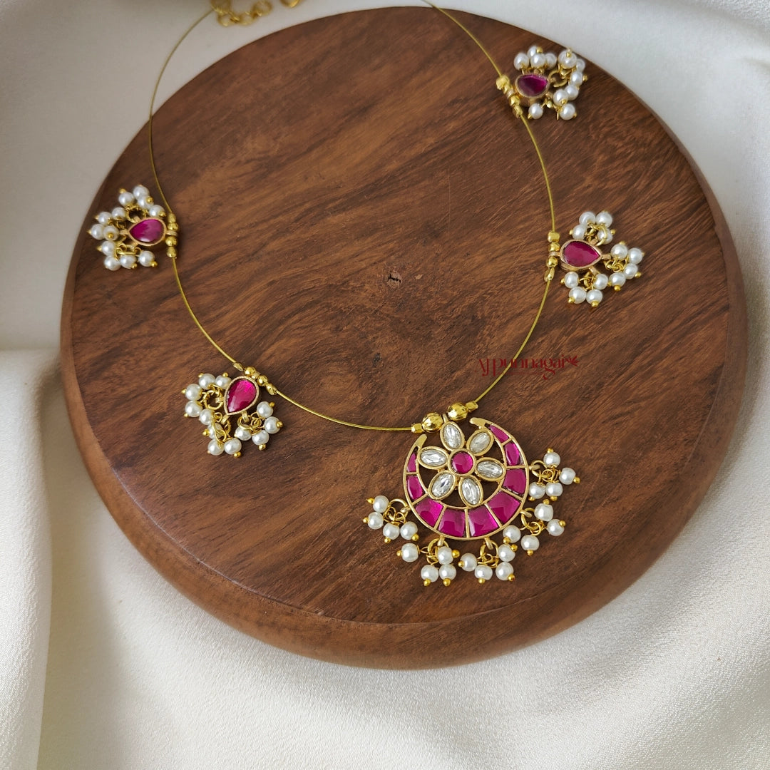 Moon Shaped Kundan Jadau Invisible Necklace - Pink with White